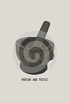 Mortar and pestle in a wreath of spices and herbs, hand-drawn vector illustration