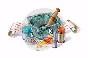 Mortar surrounded by drugs, medicines and prescriptions. photo