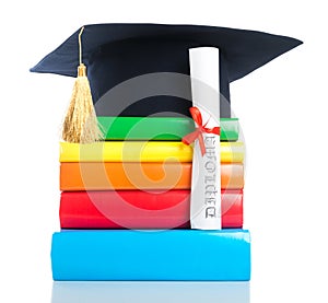 A mortarboard and graduation scroll