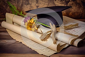 A mortarboard and a graduation scroll on the desk, education learning concept, map with light background, generative AI.