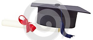 Mortarboard and parchment certificate isolated