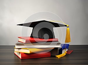 Mortarboard standing on book stack. Generative AI