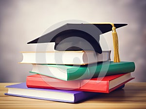 Mortarboard standing on book stack. Generative AI
