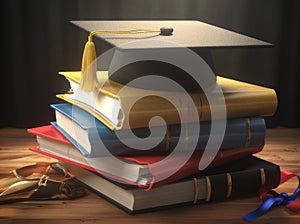 Mortarboard standing on book stack. Generative AI