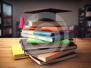 Mortarboard standing on book stack. Generative AI