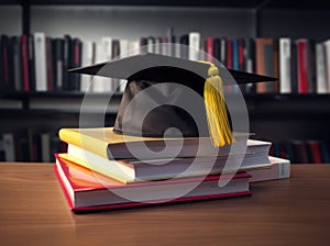 Mortarboard standing on book stack. Generative AI