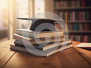 Mortarboard standing on book stack. Generative AI