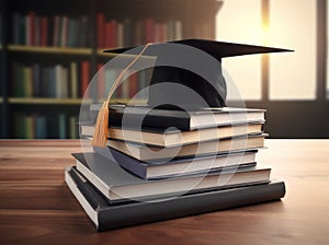 Mortarboard standing on book stack. Generative AI