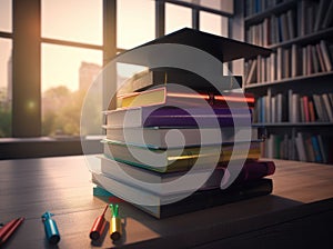 Mortarboard standing on book stack. Generative AI