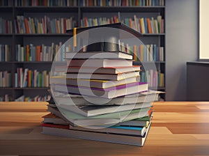 Mortarboard standing on book stack. Generative AI