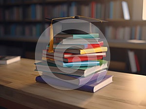 Mortarboard standing on book stack. Generative AI