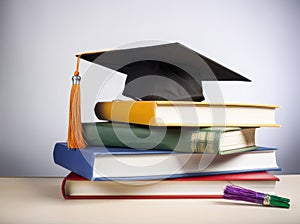 Mortarboard standing on book stack. Generative AI