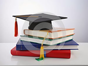 Mortarboard standing on book stack. Generative AI