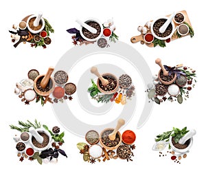 Mortars with spices and herbs on white background, collage design