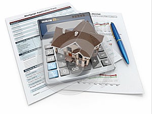 Mortgage application form with a calculator and house.