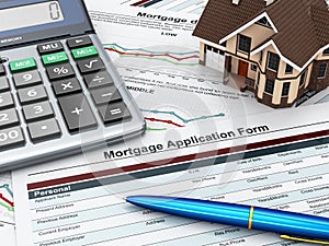 Mortgage application form with a calculator and house.