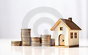Mortgage banner. House and stack of coins with white background. Home savings concept. Energy saving. Cost of the house. Cost of