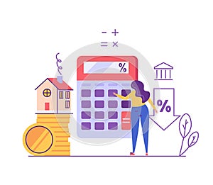 Mortgage Calculator Vector Illustration. Woman Counting Mortgage Percents for Low Rates. Interest Rates Dropping. Client Decrease