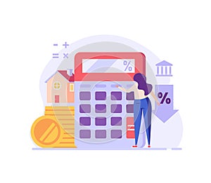 Mortgage Calculator Vector Illustration. Woman Counting Mortgage Percents for Low Rates. Interest Rates Dropping. Client Decrease