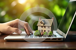 Mortgage concept with a house model on a laptop keyboard against a green nature background. Real estate, finance, and eco-