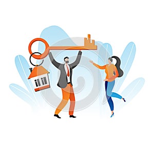 Mortgage concept vector illustration. Flat people man woman character get cash banking loan for buying house, financial