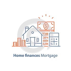 Mortgage down payment, home loan, low interest rate, calculator line icon