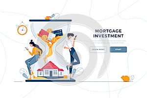 Mortgage investment landing page template. Man and woman buy a house and await for generating income from long-term