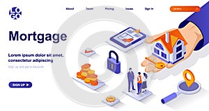 Mortgage isometric landing page. Bank loan for home purchase isometry concept. Estate agent selling house, apartment rent 3d web