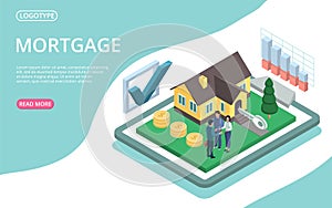 Mortgage isometric landing page. Cottage house with scatter coins and hourglass. Hypothec loan, debt, personal bank consumer