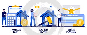 Mortgage loan, auction house, estate planning concept with tiny people. Residential and commercial property vector illustration