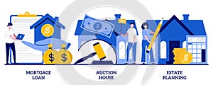 Mortgage loan, auction house, estate planning concept with tiny people. Residential and commercial property vector illustration