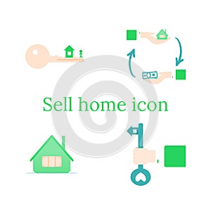 Mortgage loan icon. House buy. Real estate illustration. Home and key. People hands. Vector image