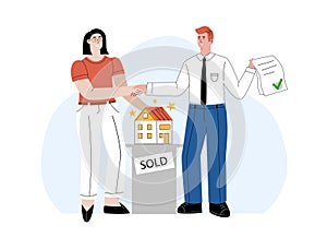 Mortgage loan illustration concept of a woman buying a house.