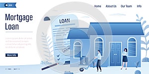 Mortgage loan landing page template. House purchase debt persons concept. Buy real estate and pay credit to bank