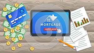 Mortgage loan online concept. Buy real estate, property investment, home loan. Flat tablet or smartphone with house logo