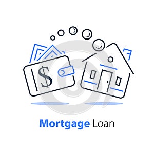 Mortgage loan refinance, low interest rate, buy house, wallet with cash