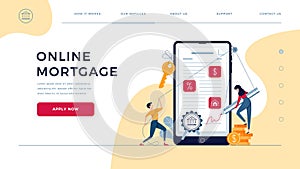 Mortgage online landing page. Borrowers sign loan contract by e-signature. People affix an electronic signature to