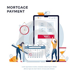 Mortgage payment online concept. Couple pay monthly interest and principal fee. Keep up for monthly regular payments