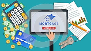 Mortgage payment online design. Financial planning, rent house, home loan, buy real estate. Flat tablet with house logo, hand clic