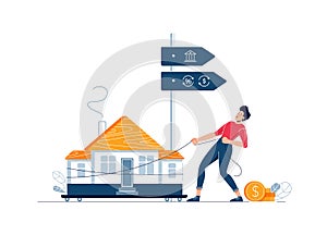 Mortgage refinancing concept. Man carries a home to the bank. Male character draggs a house for loan refunding with photo