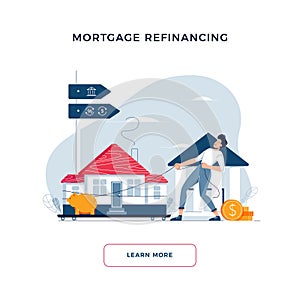 Mortgage refinancing concept. Man drags a home to the bank for house pawning with getting cash out. Property re-mortgage