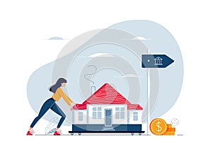 Mortgage refinancing concept. Woman carries a home to the bank. Female character draggs a house for loan refunding with