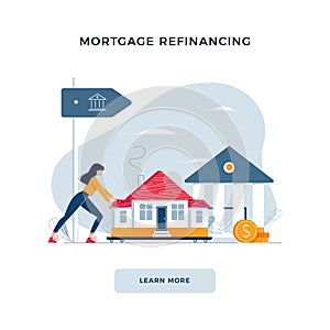 Mortgage refinancing concept. Woman drags a home to the bank for house pawning with getting cash out. Property re