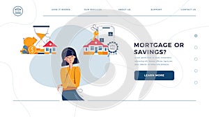 Mortgage or savings choice homepage web template. Woman thinking to save money or to get a loan for big house. New home