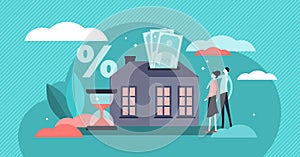 Mortgage vector illustration. Flat tiny house purchase debt persons concept