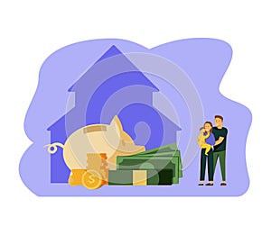 Mortgage vector illustration. Flat tiny house purchase debt persons concept. Buy real estate and pay