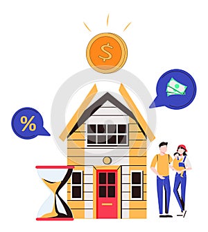 Mortgage vector illustration. Flat tiny house purchase debt persons concept. Buy real estate and pay