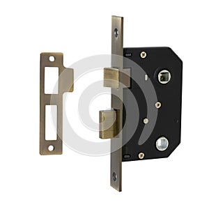 Mortise lock with a rectangular bolt and a latch in bronze with a strike plate