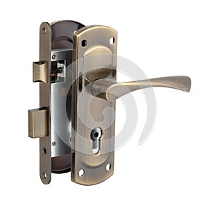 Mortise two-turn bronze mortise lock with a rectangular bolt complete with a handle on a bar, a latch