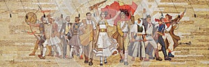 Mosaic above the National History Museum featuring Socialist propaganda and heroic revolutionary, Tirana